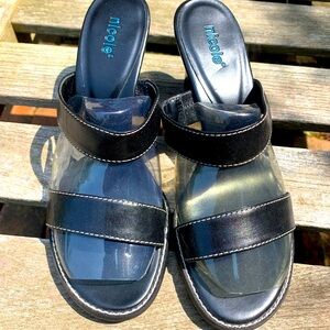 Nicole Black Leather Wedge Heel Sandal Size 7M